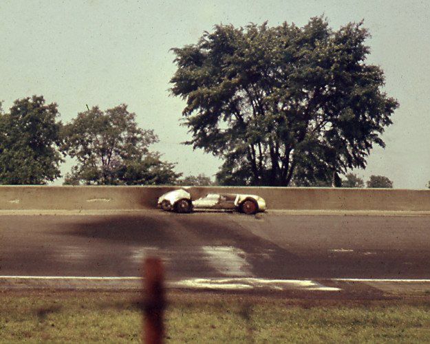 Richard Bennett's photo of Duke Nalon's burned car in the 1949 Indy 500.
